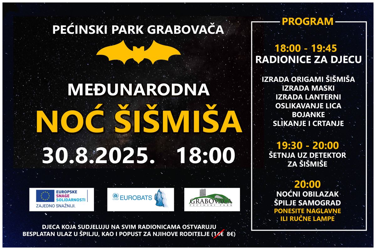 Međunarodna noć šišmiša: radionice za djecu i noćni obilazak špilje Samograd Međunarodna noć šišmiša: radionice za djecu i noćni obilazak špilje Samograd